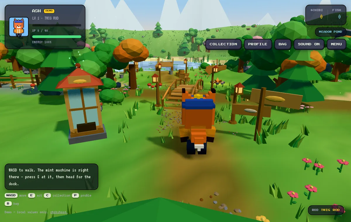 Screenshot of the PIXELFIN 3D demo: a voxel chibi fox stands on a grassy path in a low-poly pond village, with a fishing hut, a footbridge, lanterns and the pond behind it.